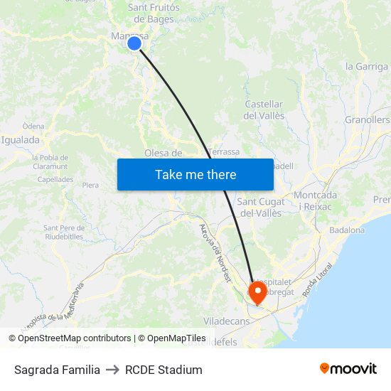 Sagrada Familia to RCDE Stadium map