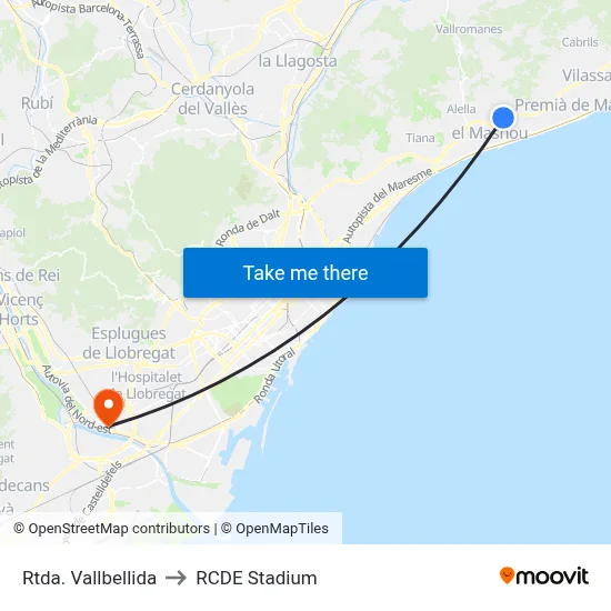 Rtda. Vallbellida to RCDE Stadium map