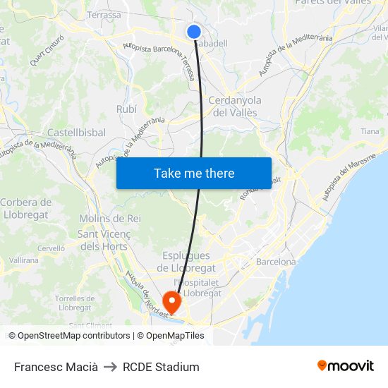 Francesc Macià to RCDE Stadium map