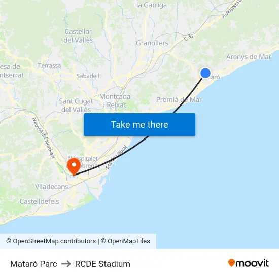 Mataró Parc to RCDE Stadium map