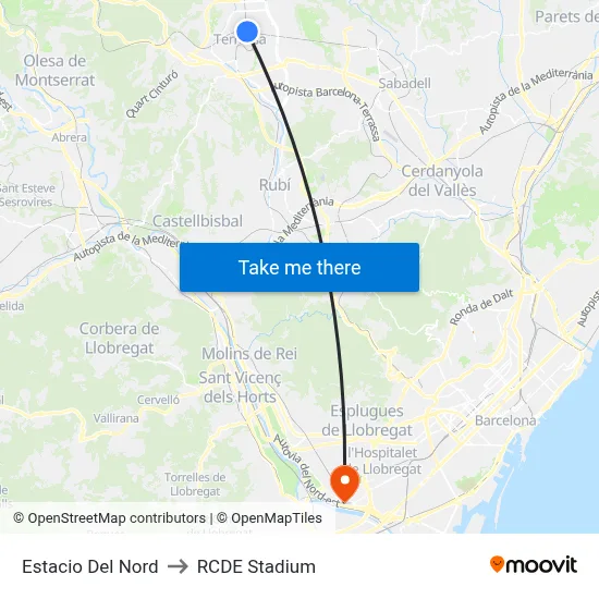 Estacio Del Nord to RCDE Stadium map