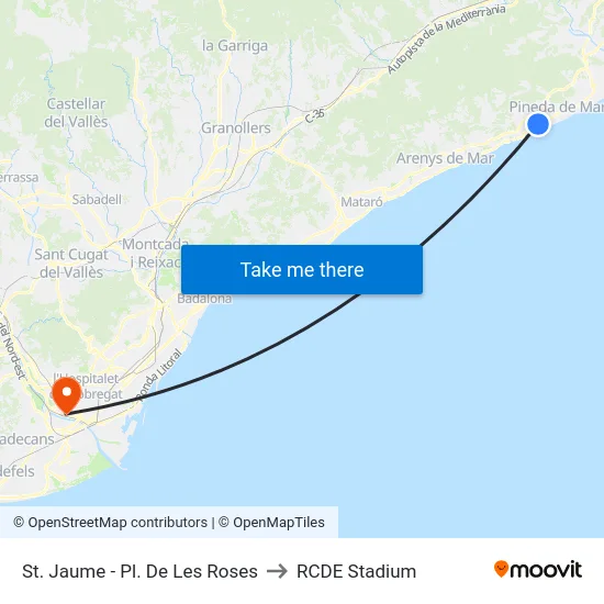 St. Jaume - Pl. De Les Roses to RCDE Stadium map