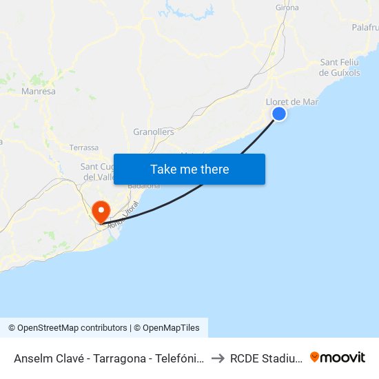 Anselm Clavé - Tarragona - Telefónica to RCDE Stadium map