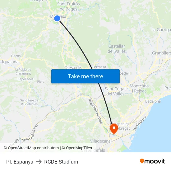 Pl. Espanya to RCDE Stadium map