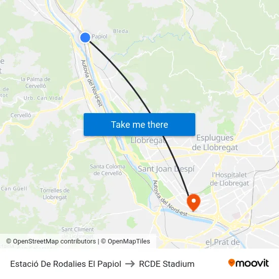 Estació De Rodalies El Papiol to RCDE Stadium map