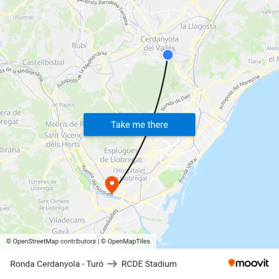 Ronda Cerdanyola - Turó to RCDE Stadium map