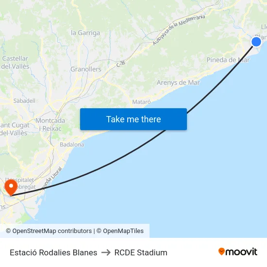 Estació Rodalies Blanes to RCDE Stadium map