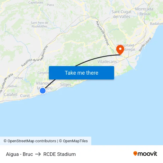 Aigua - Bruc to RCDE Stadium map