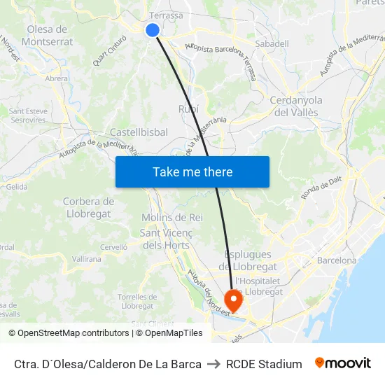 Ctra. D´Olesa/Calderon De La Barca to RCDE Stadium map