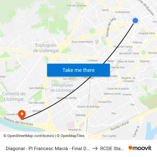 Diagonal - Pl Francesc Macià - Final De Trajecte to RCDE Stadium map