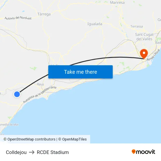 Colldejou to RCDE Stadium map
