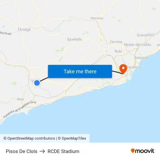 Pisos De Clols to RCDE Stadium map