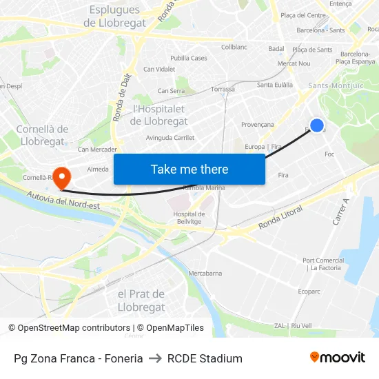 Pg Zona Franca - Foneria to RCDE Stadium map