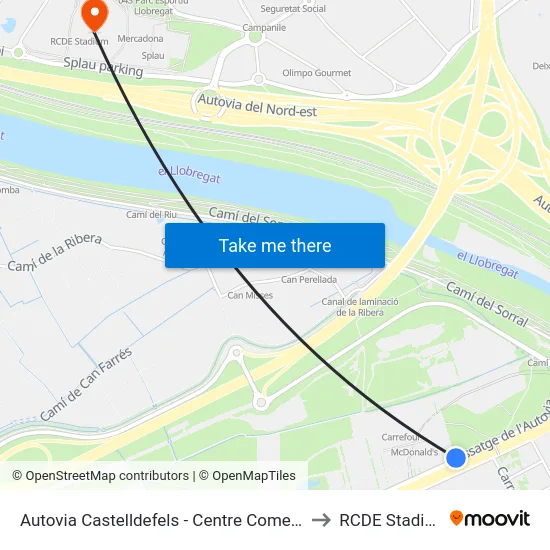 Autovia Castelldefels - Centre Comercial to RCDE Stadium map