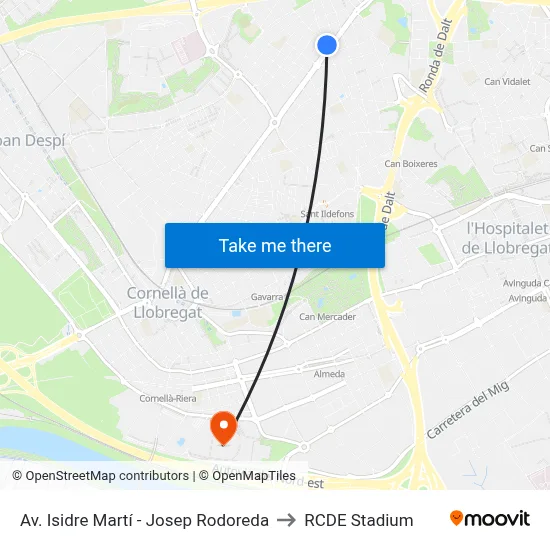 Av. Isidre Martí - Josep Rodoreda to RCDE Stadium map