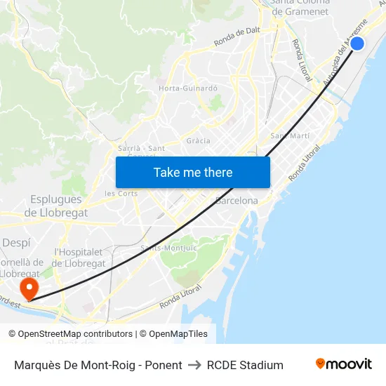 Marquès De Mont-Roig - Ponent to RCDE Stadium map