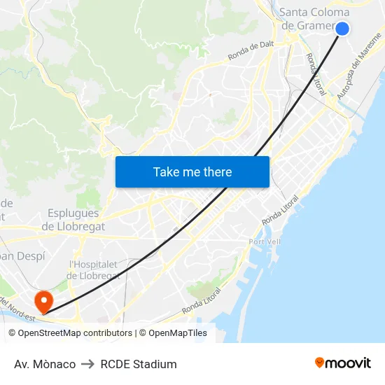 Av. Mònaco to RCDE Stadium map