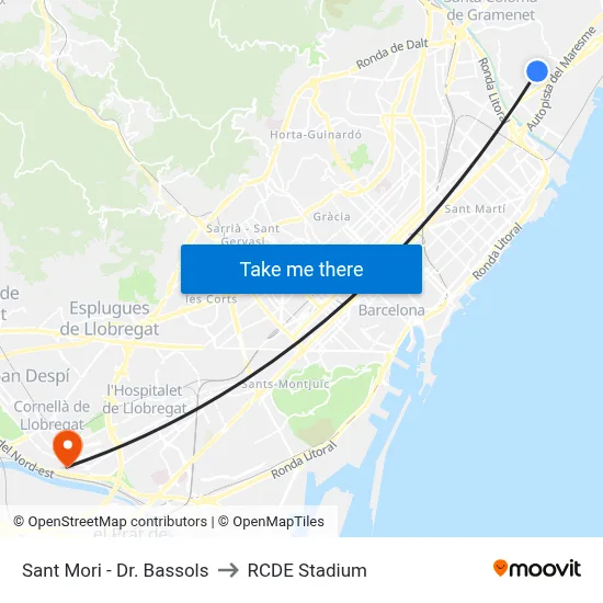 Sant Mori - Dr. Bassols to RCDE Stadium map