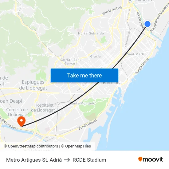 Metro Artigues-St. Adrià to RCDE Stadium map