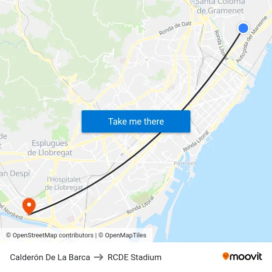 Calderón De La Barca to RCDE Stadium map