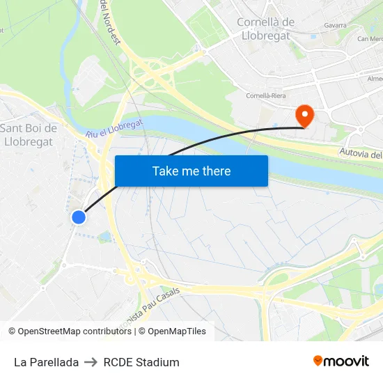 La Parellada to RCDE Stadium map