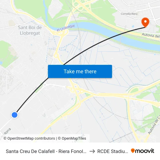 Santa Creu De Calafell - Riera Fonollar to RCDE Stadium map