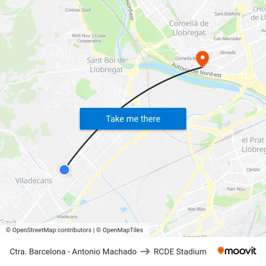 Ctra. Barcelona - Antonio Machado to RCDE Stadium map