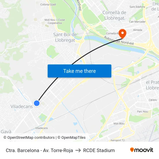 Ctra. Barcelona - Av. Torre-Roja to RCDE Stadium map