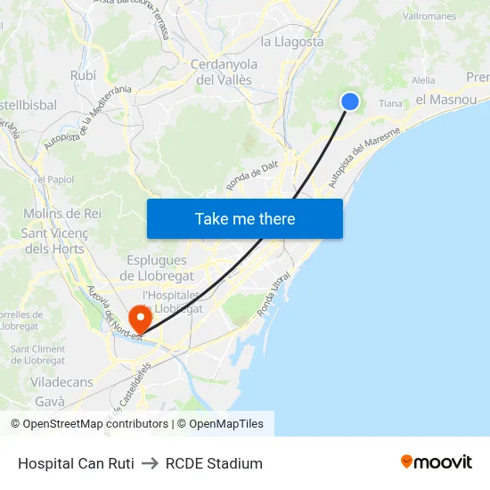 Hospital Can Ruti to RCDE Stadium map