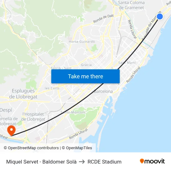 Miquel Servet - Baldomer Solà to RCDE Stadium map