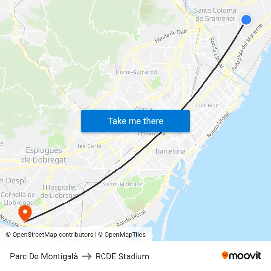 Parc De Montigalà to RCDE Stadium map