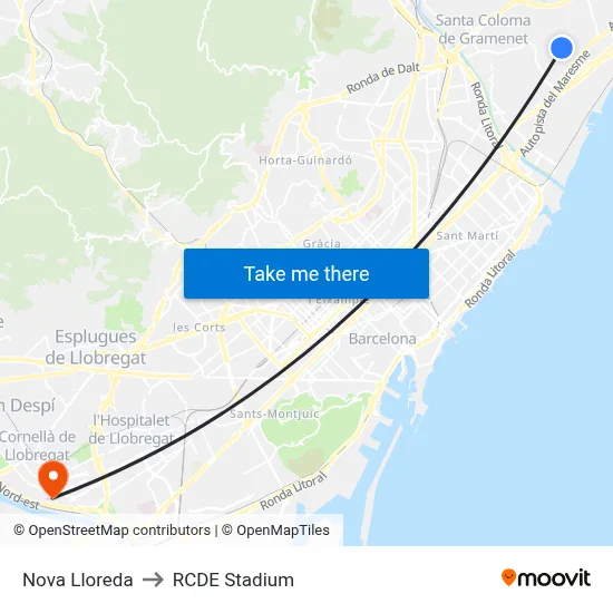 Nova Lloreda to RCDE Stadium map