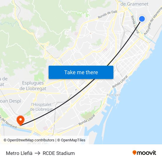 Metro Llefià to RCDE Stadium map