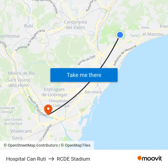 Hospital Can Ruti to RCDE Stadium map