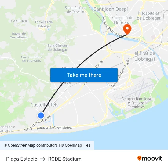 Plaça Estació to RCDE Stadium map