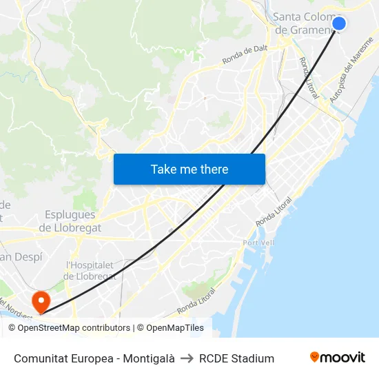 Comunitat Europea - Montigalà to RCDE Stadium map