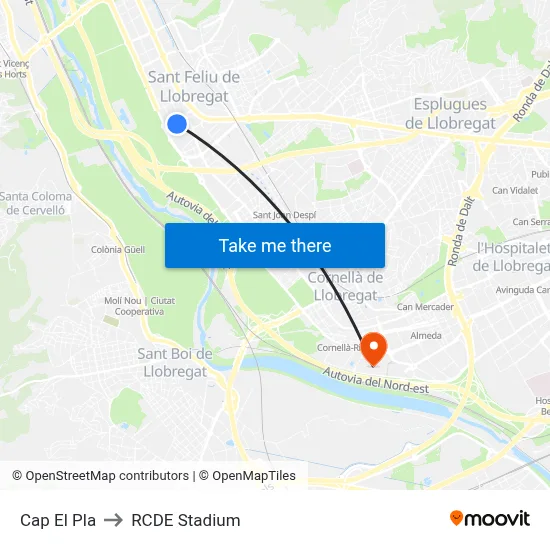 Cap El Pla to RCDE Stadium map