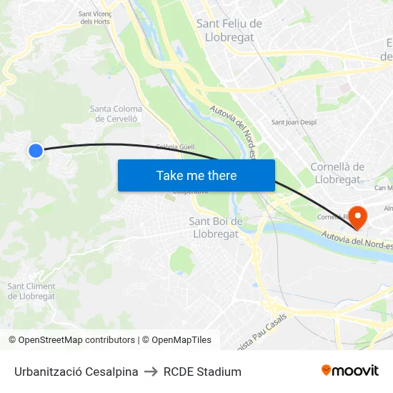 Urbanització Cesalpina to RCDE Stadium map