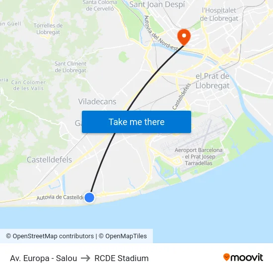 Av. Europa - Salou to RCDE Stadium map