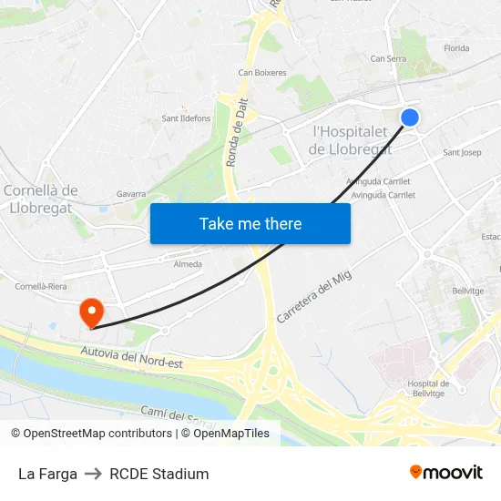 La Farga to RCDE Stadium map