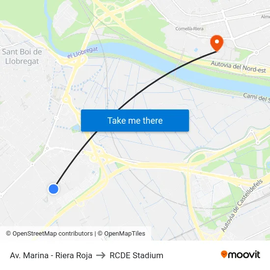 Av. Marina - Riera Roja to RCDE Stadium map