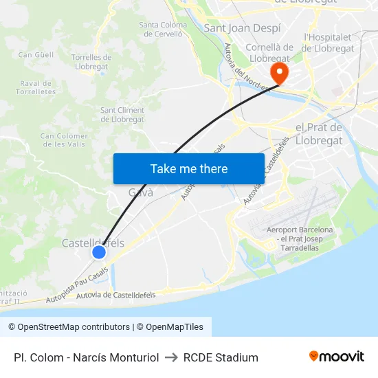 Pl. Colom - Narcís Monturiol to RCDE Stadium map