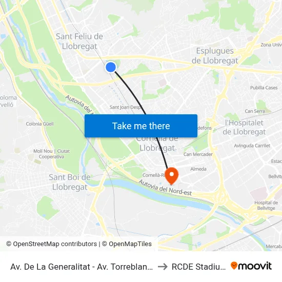 Av. De La Generalitat - Av. Torreblanca to RCDE Stadium map