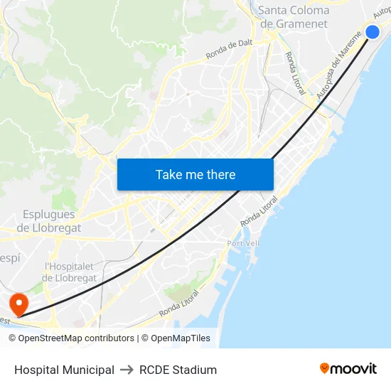 Hospital Municipal to RCDE Stadium map