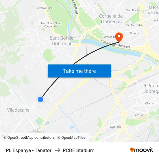 Pl. Espanya - Tanatori to RCDE Stadium map