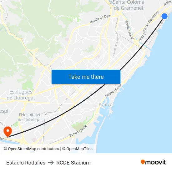 Estació Rodalies to RCDE Stadium map
