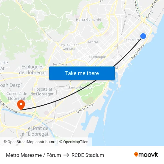 Metro Maresme / Fòrum to RCDE Stadium map