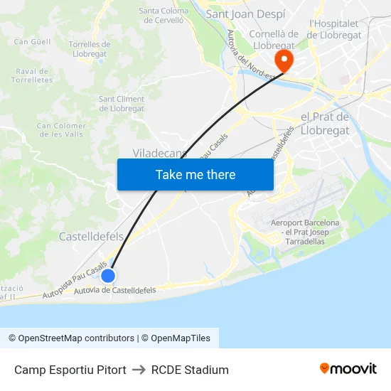 Camp Esportiu Pitort to RCDE Stadium map