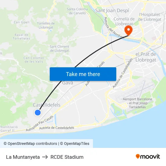La Muntanyeta to RCDE Stadium map