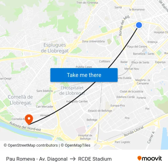 Pau Romeva - Av. Diagonal to RCDE Stadium map